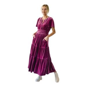 Piper‎ & Scoot Velvet Flutter Sleeve Tiered Maxi Dress Burgandy Size 3X Party